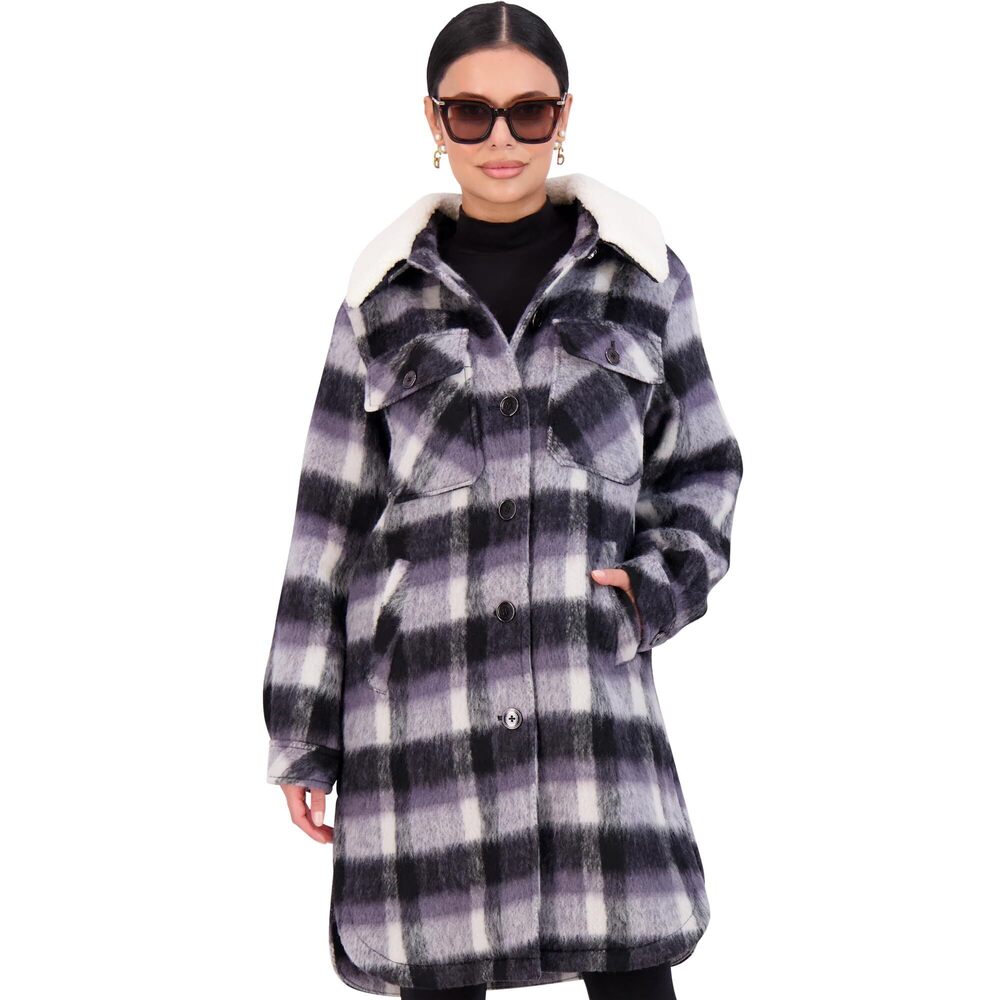 Vince Camuto Women's Fleece Plaid Shacket, B&W Plaid, Size S